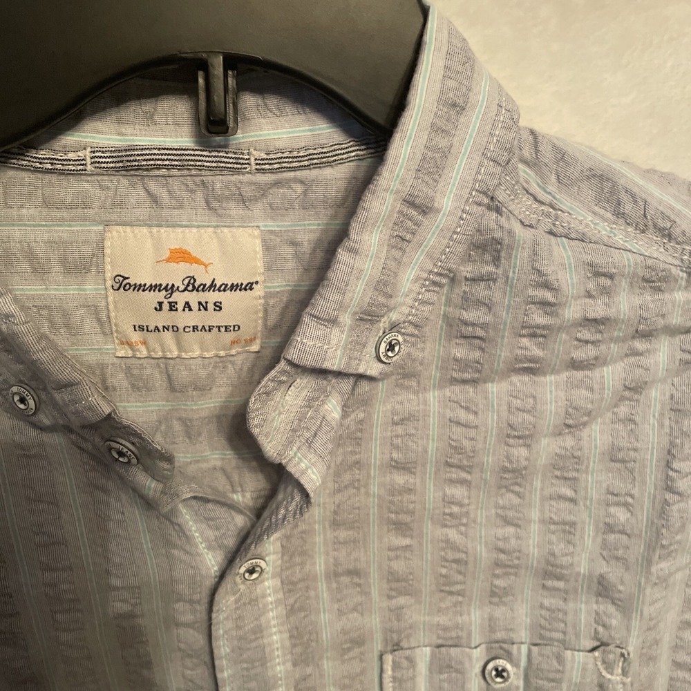 Tommy Bahama Jeans Seersucker‎ Shirt Mens M Blue Striped Button Up